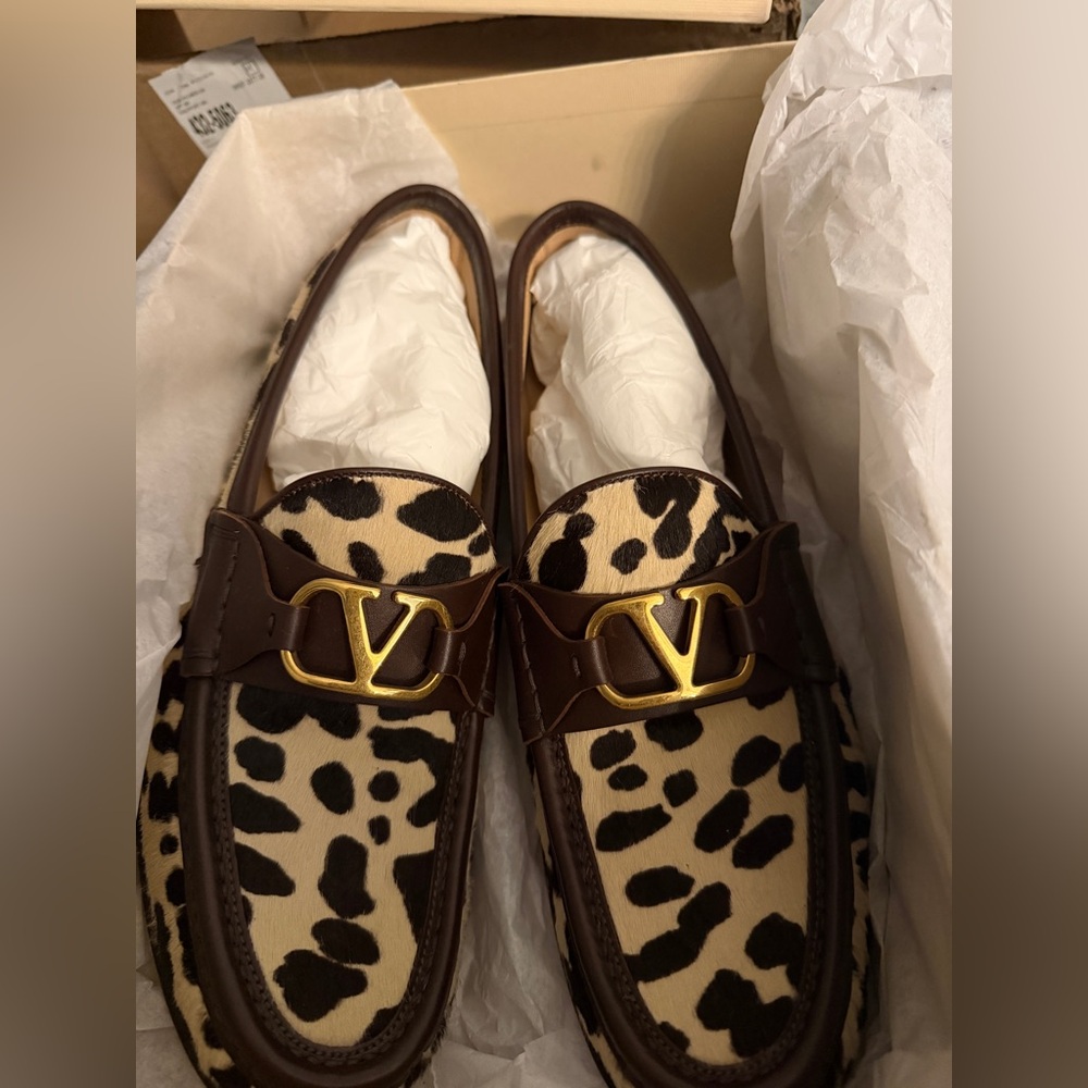 Valentino Garavani Animal Print Loafers with Brown and Gold Accents.Brand new